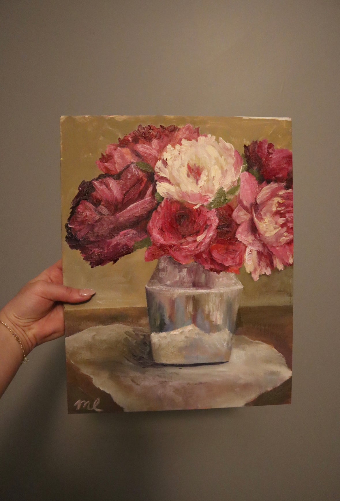 Sweet peonies. Oil painting 11x18 on canvas.